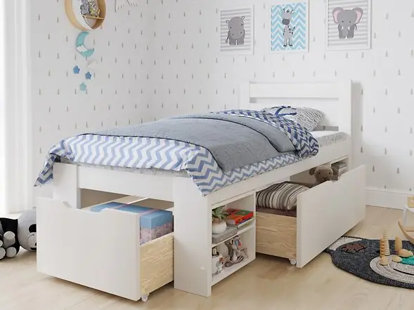 Noomi Hansa single wooden storage bed in white with drawers and shelves
