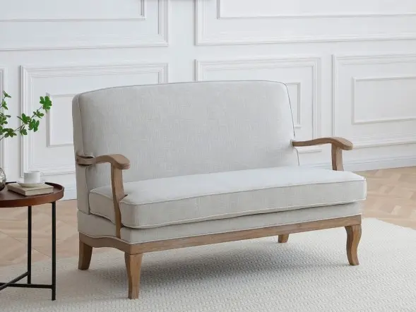 Kyoto Colwell traditional two-seater chair with wooden arms and curved legs