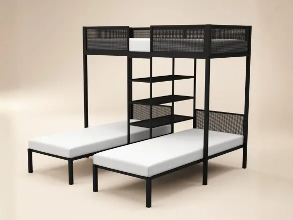 Flair Axton black metal triple bunk bed with central shelves 
