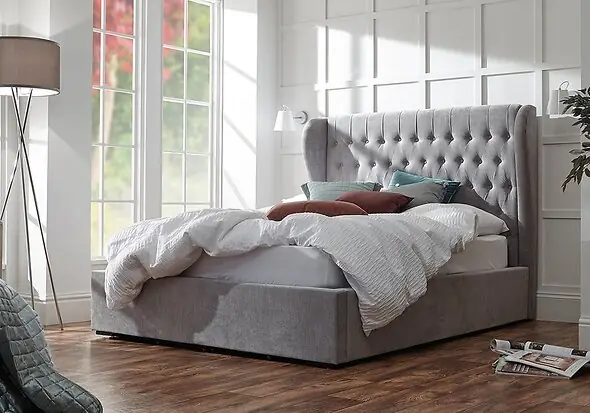 GFW Dakota Chesterfield winged ottoman bed with grey chenille velvet