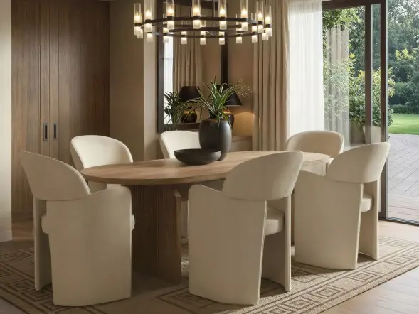 Varm oak effect extendable dining table with 6 beige Estella velvet chairs 
