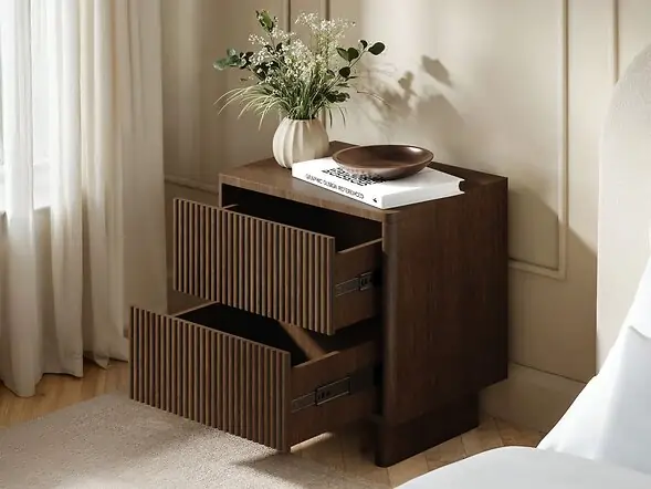 SOLACE+CO Velmor 2 Drawer Ribbed Bedside Table Walnut