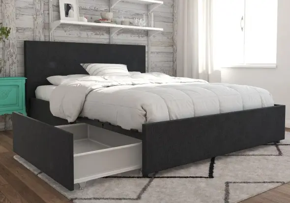 Novogratz Kelly Linen Storage Bed Frame available in single double and king and navy or dark grey storage drawers sprung slatted base