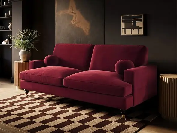SOLACE+CO Addison 3 Seater Sofa with Caster Legs Burgundy Velvet
