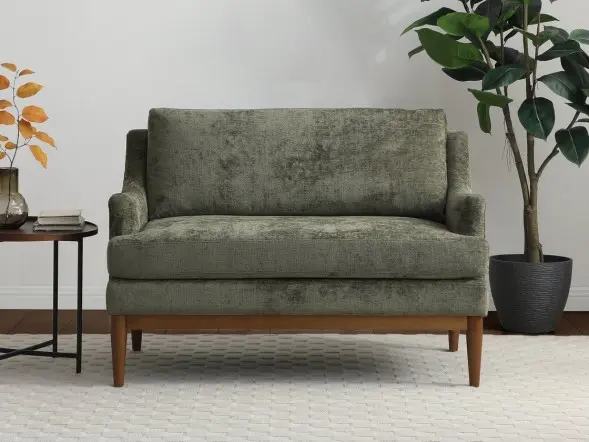 Kyoto Briar chenille 2 seater chair with sloped arms and a padded back cushion