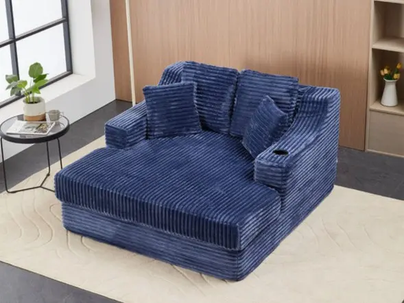 Living & Home Corduroy Chaise Lounge Sofa Bed with Cup Holder & Cushions Fabric