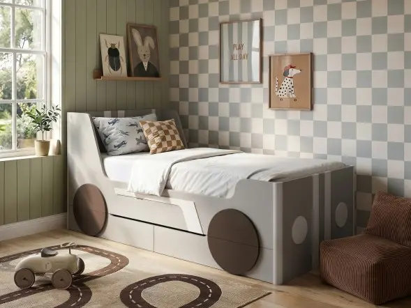 Cooper single car bed with drawers and green wheel detail
