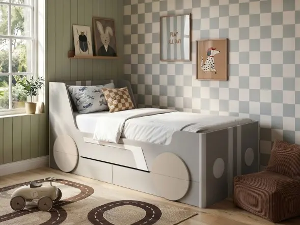 Cooper single car bed with drawers and green wheel detail

