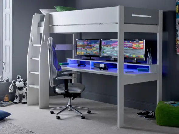 Kids Avenue Urban Grey High Sleeper Gaming Bed with Desk Underneath 
