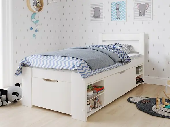 Noomi Hansa single wooden storage bed in white with drawers and shelves
