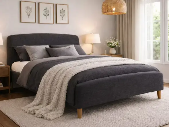 Time Living Geneva fabric upholstered bed frame with padded curved headboard
