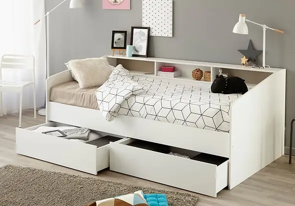 Single daybed with pull out drawers and shelf headboard