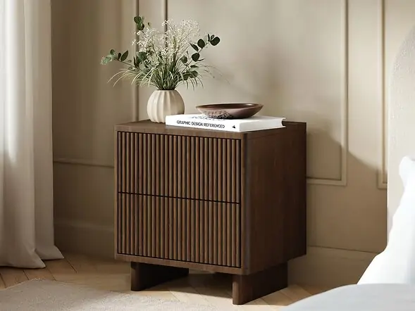 SOLACE+CO Velmor 2 Drawer Ribbed Bedside Table Walnut