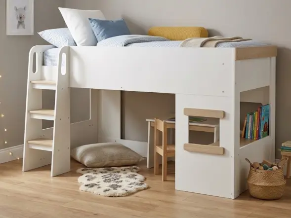 Kidsaw Mid Sleeper with Under Desk White & Oak