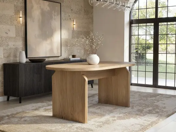 SOLACE+CO Varm Oval Extendable Dining Table Wood Effect Ribbed