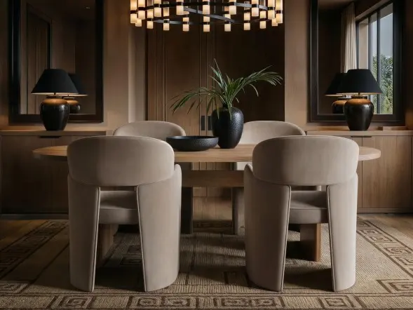 Varm oak effect extendable dining table with 6 beige Estella velvet chairs 
