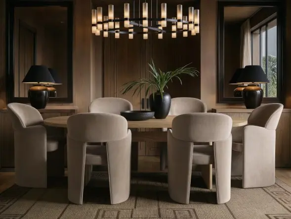 Varm oak effect extendable dining table with 6 beige Estella velvet chairs 
