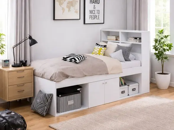 Kidsaw Low 3ft Single Cabin Bed with bookcase headboard, underbed cupboard and open storage