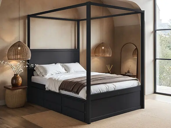 Flair Maddy 4 Poster Canopy Double Bed Frame with Trundle and Storage Black