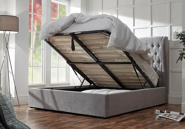 GFW Dakota Chesterfield winged ottoman bed with grey chenille velvet