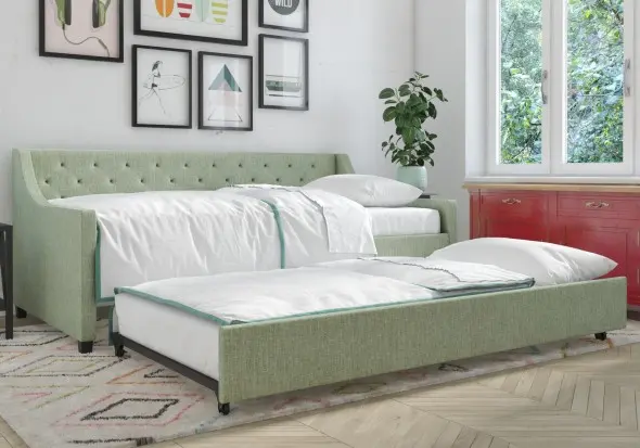 Novogratz Her Majesty Linen Daybed and Trundle mid century design, wooden frame linen fabric wooden frame