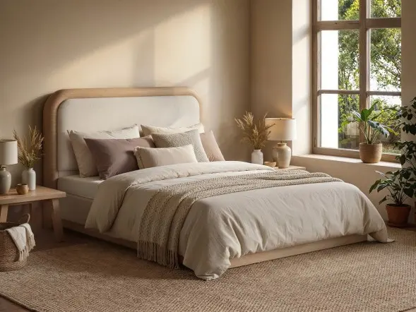 Cream upholstered bed with padded headboard and wood base detail. A modern low profile bed frame designed for comfort and style.
