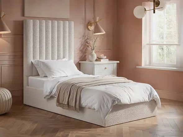 Flair Everley single ottoman bed in cream boucle with tall padded headboard
