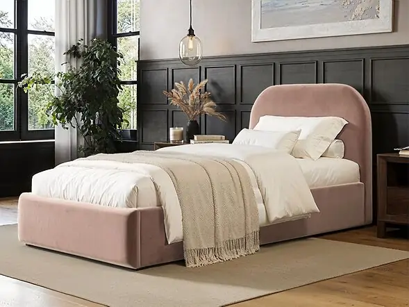 Flair Alba Single Ottoman Storage Bed in velvet with curved headboard 
