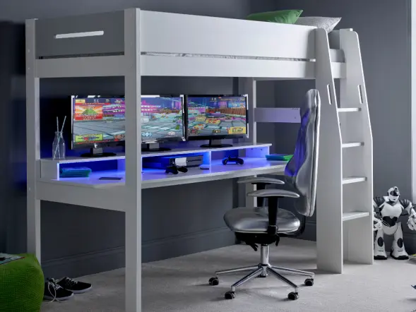 Kids Avenue Urban Grey High Sleeper Gaming Bed with Desk Underneath 