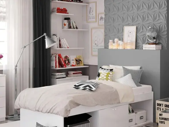 Kidsaw Low 3ft Single Cabin Bed with bookcase headboard, underbed cupboard and open storage