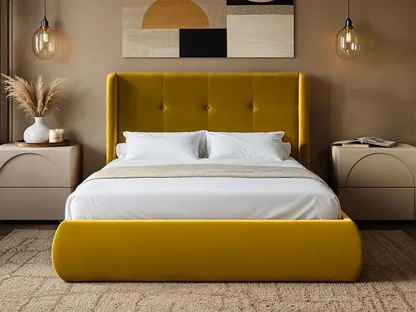 SOLACE+CO Monte Gold Velvet Winged Button Headboard Ottoman Bed