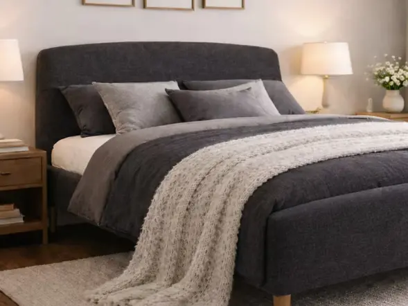 Time Living Geneva fabric upholstered bed frame with padded curved headboard