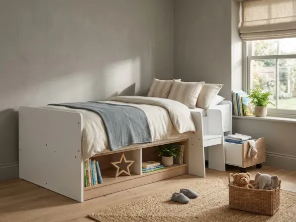 Kidsaw white and oak single cabin bed with cubby storage and pull-out underbed drawer