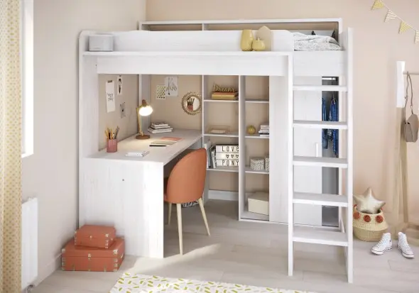 Parisot Higher High Sleeper Loft Bed with Desk & Wardrobe White 