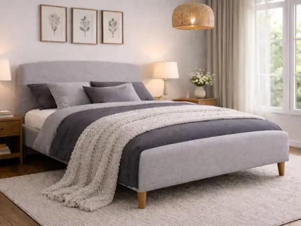 Time Living Geneva fabric upholstered bed frame with padded curved headboard