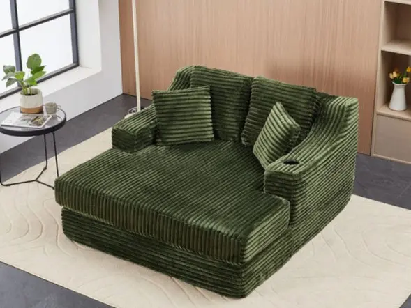 Living & Home Corduroy Chaise Lounge Sofa Bed with Cup Holder & Cushions Fabric