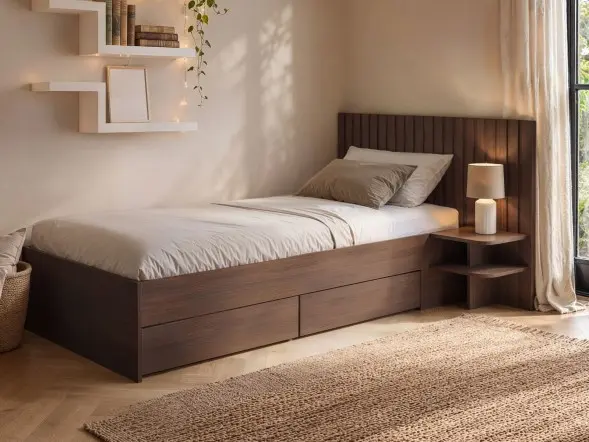 SOLACE+CO Taylor oak single bed with drawers and integrated bedside table 
