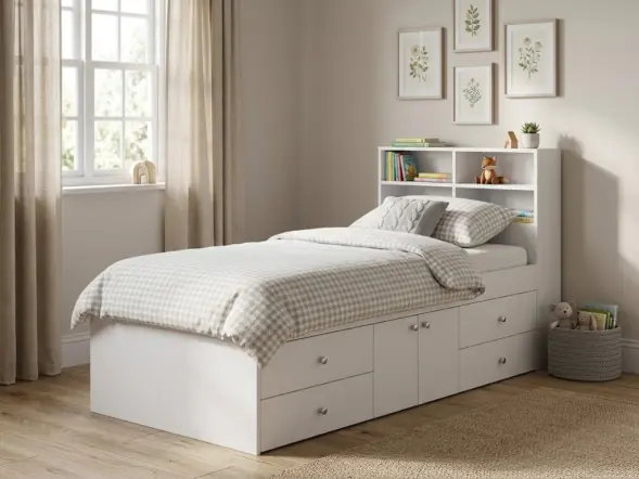 Kidsaw Multi Drawer single 3ft cabin bed with bookcase headboard in white