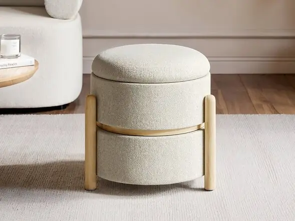 SOLACE+CO Ada Storage Round Pouffe Beige Boucle
