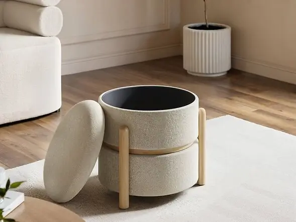 SOLACE+CO Ada Storage Round Pouffe Beige Boucle